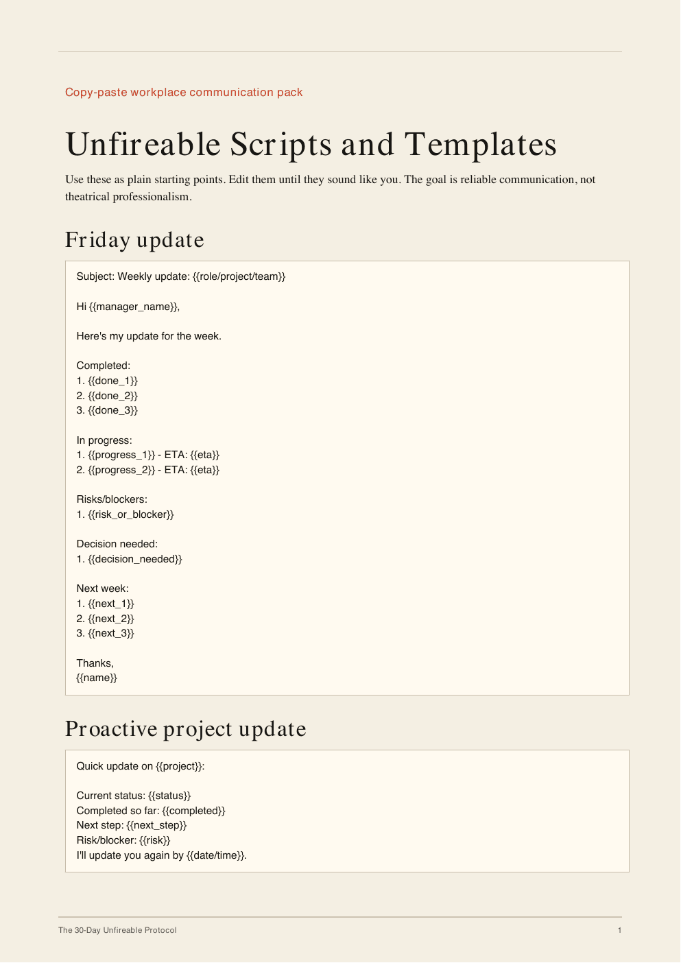 Workplace scripts included in the Unfireable Protocol